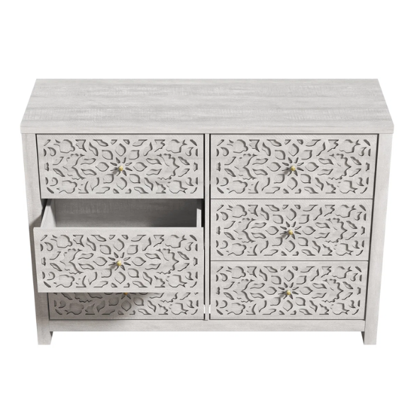 Boho-Inspired 45.4" 6-Drawer Dresser with Distressed Finish and Openwork Floral Details