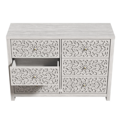 Boho-Inspired 45.4" 6-Drawer Dresser with Distressed Finish and Openwork Floral Details