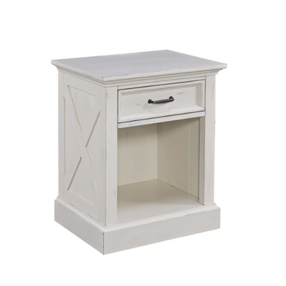 Farmhouse-Style 3-Piece X-Detail King Bed, Nightstand, and Chest Set with Weathered White Coating