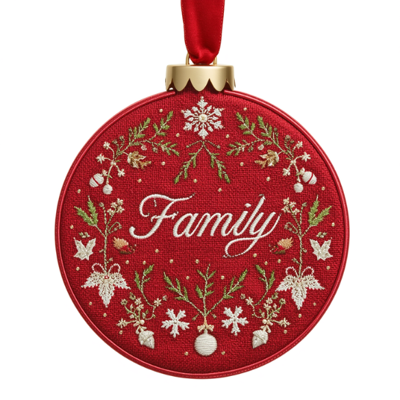Red Embroidered Family Floral Wreath Christmas Ornament