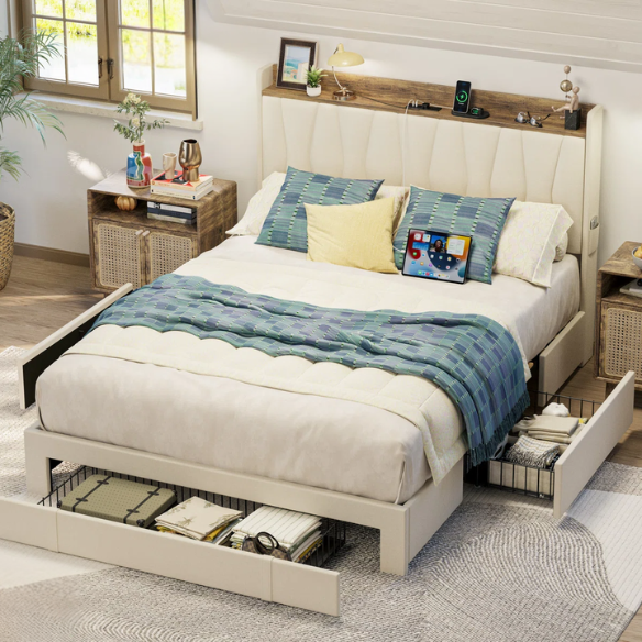 Upholstered Full/Double Bed Frame with 3 Drawers, Storage Headboard & Built-In Charging Station – Stylish & Functional Design