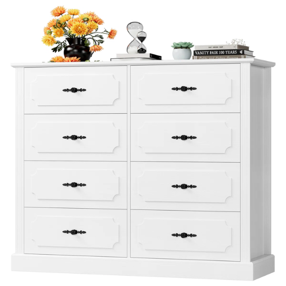 Classic Modern 8-Drawer Double Dresser with Picture Frame Paneling, Decorative Black Metal Handles, and French Country Style