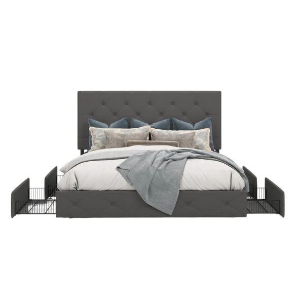 Queen Size Upholstered Platform Storage Bed with Tufted Button Accent Design