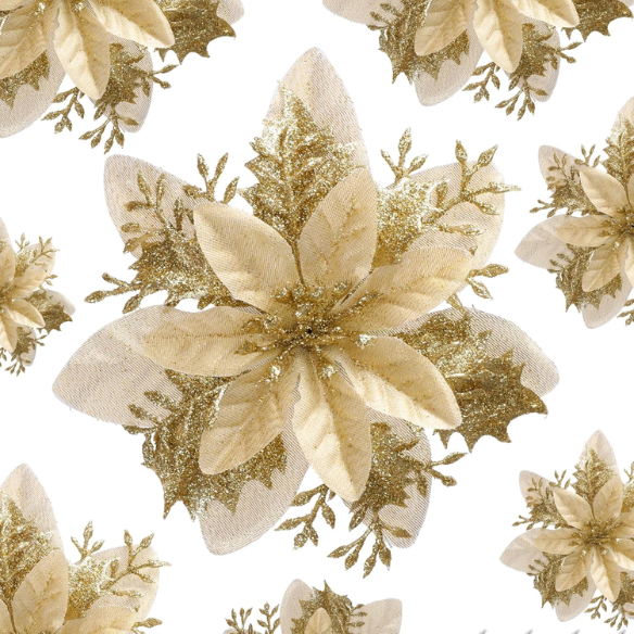 Gold Glitter Poinsettia Christmas Flowers – Elegant Artificial Holiday Décor (5 Pieces)