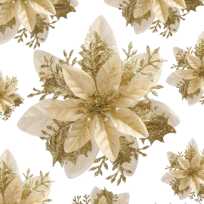 Gold Glitter Poinsettia Christmas Flowers – Elegant Artificial Holiday Décor (5 Pieces)
