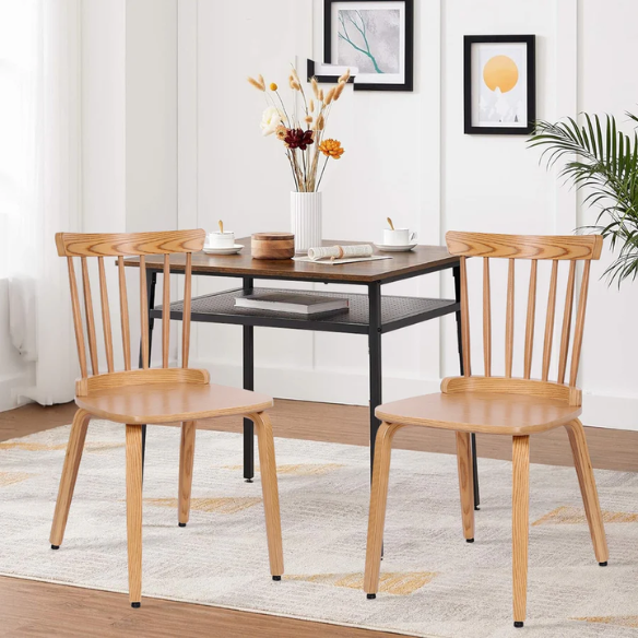 Solid Wood Slat Back Windsor Dining Chairs (Set of 2) – Sturdy, Eco-Friendly Construction with Ergonomic Backrest & Adjustable Foot Pads