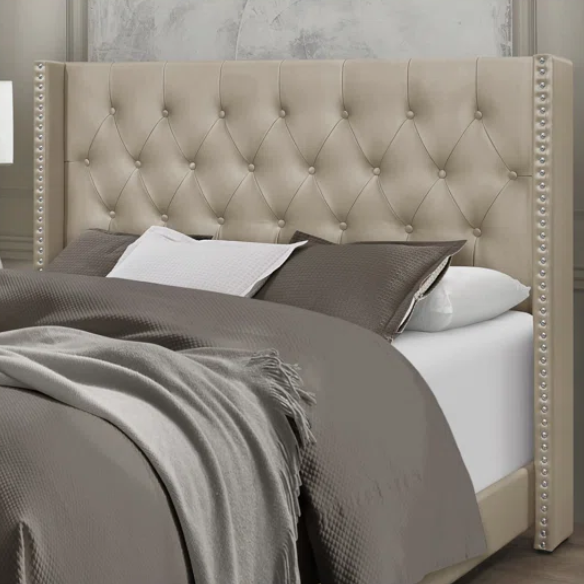 King Size Upholstered Low-Profile Bed with Wingback Headboard, Button Tufting, and Nailhead Trim – Glamorous, Traditional Design with Flared Legs
