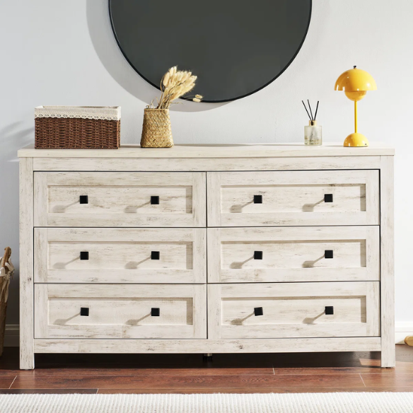 6-Drawer Dresser – A Perfect Blend of Rustic Charm and Industrial Elegance, Featuring a Clean-Lined Silhouette and Weathered Finish. Crafted from Solid and Engineered Wood
