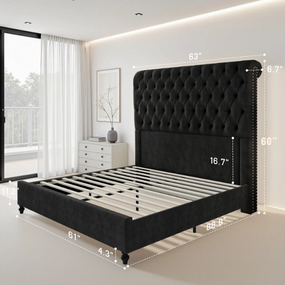 Luxurious Velvet Upholstered Sleigh Bed with Tufted Button and Gem-Accented Headboard