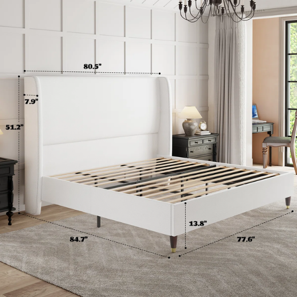 King Size Upholstered Platform Bed with Wingback Design, Foam-Padded Linen Headboard, and Steel Reinforced Frame