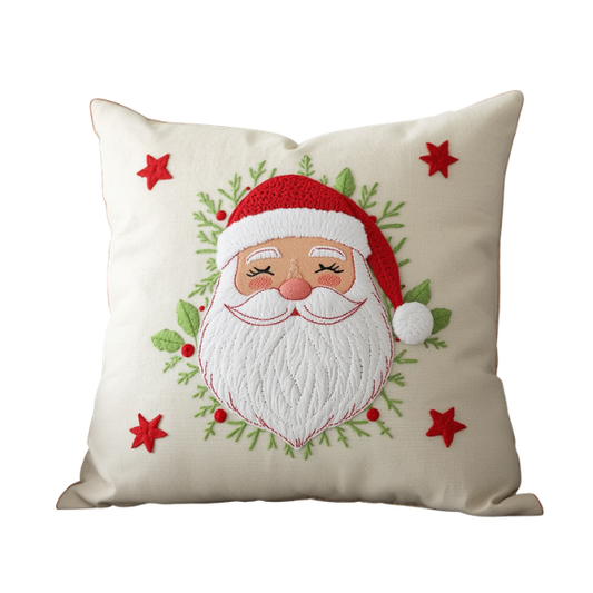 Cream Embroidered Santa Christmas Throw Pillow with Holly and Stars