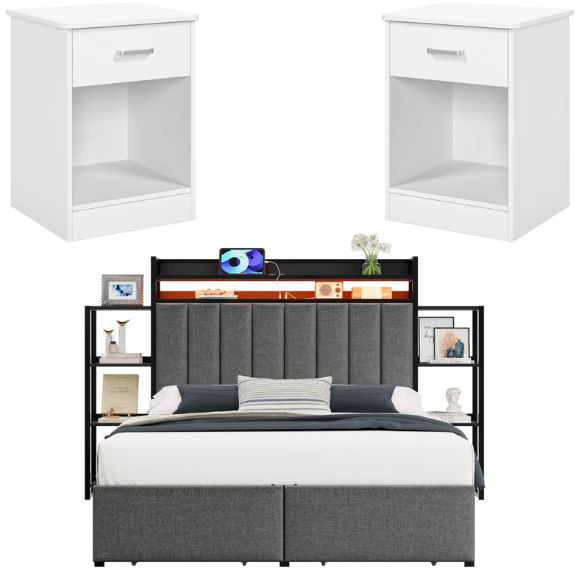 Luxurious 3-Piece Queen Bedroom Set with Gem-Inspired Tufted Button Headboard, Upholstered Platform Bed & 2 Elegant Nightstands