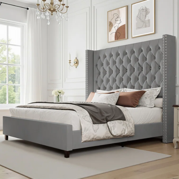 Queen Size Upholstered Velvet Bed – The Epitome of Luxury and Comfort with Majestic 61.4-Inch Extra-High Headboard