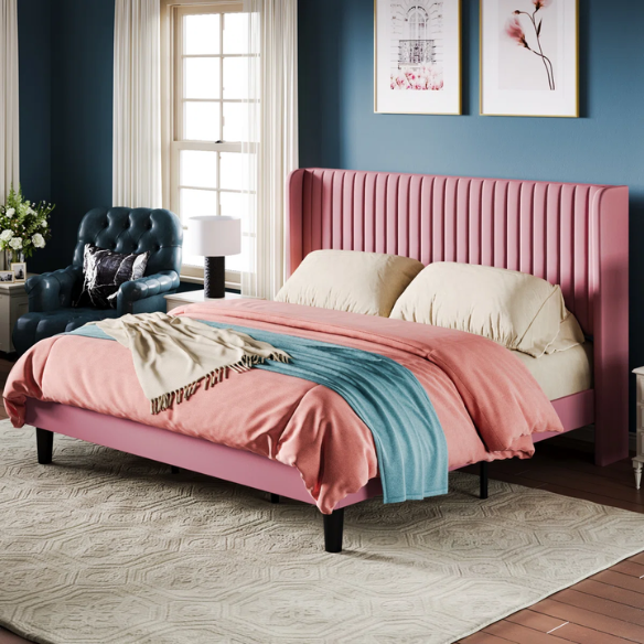 Luxurious King Size Upholstered Velvet Platform Bed with Modern Wingback Headboard – Heavy-Duty Steel Frame, No Box Spring Needed, and Ample Under-Bed Storage