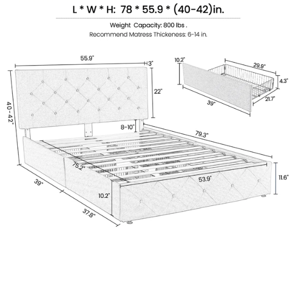 Button Tufted Upholstered Platform Storage Bed – Full Double Size with Spacious Drawers