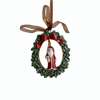 Santa with Wreath Christmas Ornament – Festive Holiday Décor with Red Bow and Lantern Detail