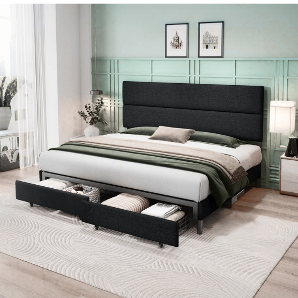 Linen Upholstered Bed Frame – Full/Double Size with Height Adjustable Headboard & 2 Built-In Storage Drawers