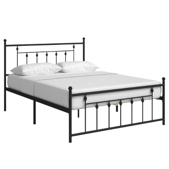 King Size Metal Open-Frame Platform Bed with Spindle Accents, Storage Footboard, and Slat Kit – No Box Spring Needed, Ideal for Farmhouse to French Country Styles
