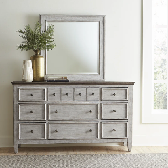 Transform Your Farmhouse Bedroom with the Queen Panel Bed, Dresser, Mirror, and Chest Set – Featuring Rustic Charm and Elegant Storage