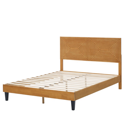 Mid-Century Modern King Size Solid Wood Platform Bed with Adjustable Height Headboard – Stylish Streamlined Design for a Contemporary Bedroom Look