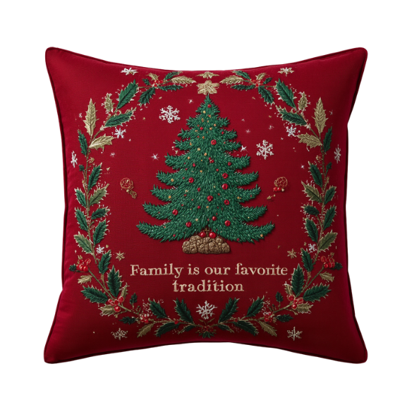 Cute Sentimental Embroidered 'Family is Our Favorite Tradition' Red Throw Pillow