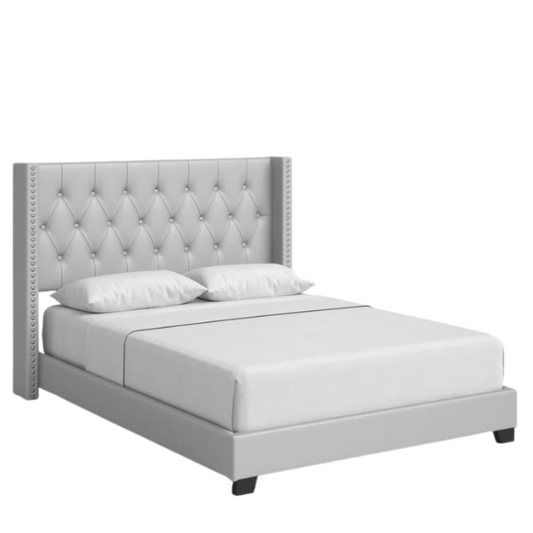 King Size Upholstered Low-Profile Bed with Wingback Headboard, Button Tufting, and Nailhead Trim – Glamorous, Traditional Design with Flared Legs