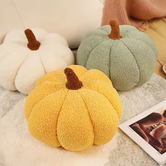 Yellow plush pumpkin throw pillow – soft 3D fall cushion for Halloween, Thanksgiving, and autumn home décor