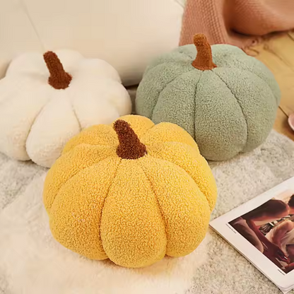 Yellow plush pumpkin throw pillow – soft 3D fall cushion for Halloween, Thanksgiving, and autumn home décor