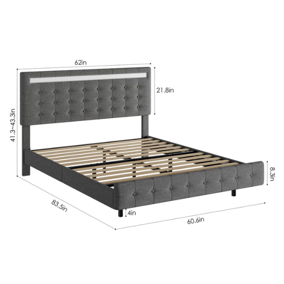 Queen Size LED Lit Platform Bed with Tufted Headboard – Modern and Stylish Design