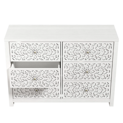 Boho-Inspired 45.4" 6-Drawer Dresser with Distressed Finish and Openwork Floral Details
