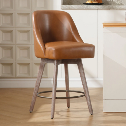 Modern Counter Height Swivel Bar Stool – Upholstered Faux Leather/Polyester Blend Seat, Solid Beech Wood Frame, Ergonomic High Back, Bronze Metal Footrest, 300lb Capacity for Kitchen, Bar, or Pub