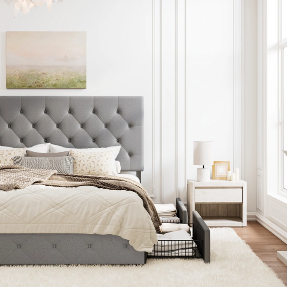 King Size Upholstered Platform Storage Bed with Spacious Drawers, Quiet Structure, and Sleek Minimalist Design