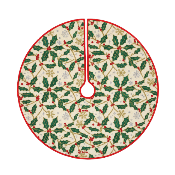 Red Stitched Holly Berry Christmas Tree Skirt - Off-White Round Design