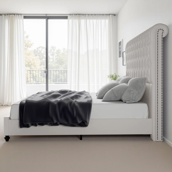 Luxurious Velvet Upholstered Sleigh Bed with Tufted Button and Gem-Accented Headboard