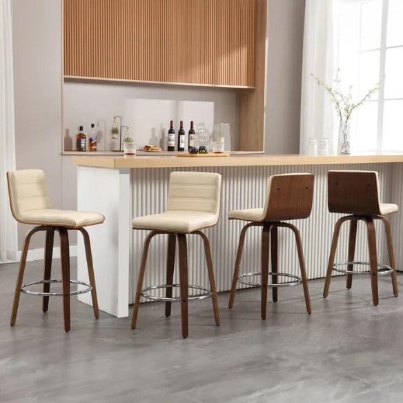 Mid-Century Modern Faux Leather Swivel Counter/Bar Stools – 360° Swivel, Padded PU Leather Seat & Back, Durable Bentwood Legs, Metal Footrest, Supports Up to 440lbs for Home Bar or Kitchen