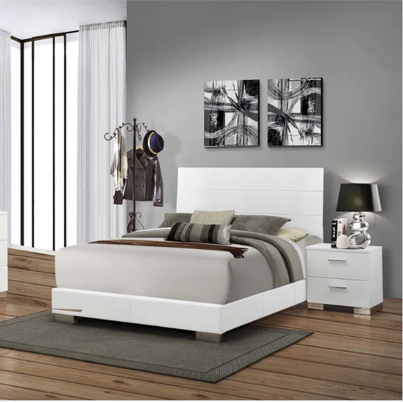 Modern 4-Piece Queen Bedroom Set in White High Gloss with LED Lighting, Touch-Activated Headboard, and Sleek Chrome Accents