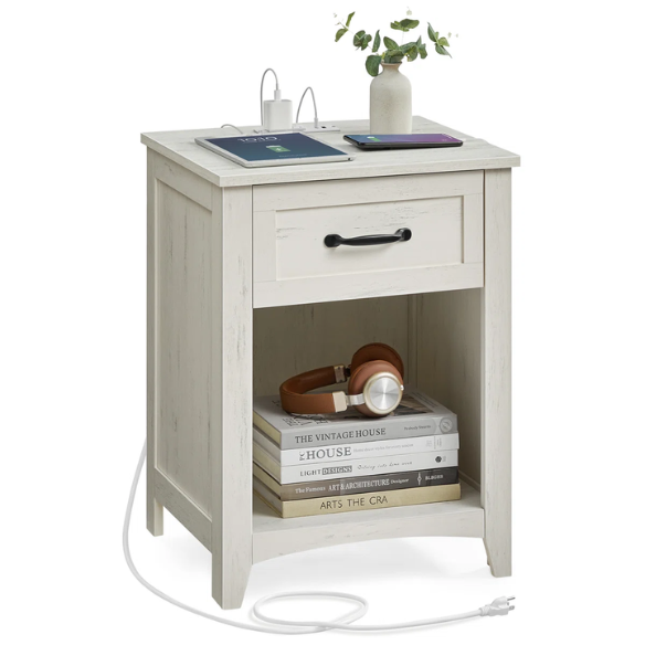 Farmhouse-Style Nightstand with Built-In Charging Station – Engineered Wood, Spacious Top, Drawer & Open Compartment, Matte Black Metal Handle, USB-A & USB-C Ports, AC Outlets, Ideal for Bedroom or Living Room