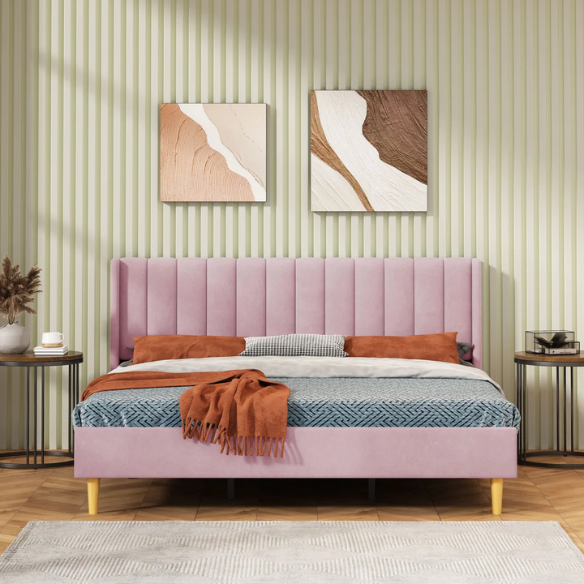 Luxury Corduroy Upholstered King Size Platform Bed Frame - Stylish Modern Wingback Design with Ultimate Comfort