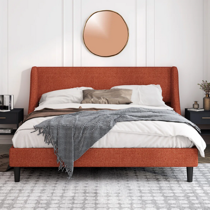 Luxurious King Size Upholstered Platform Bed with Deluxe Wingback Headboard – Soft Velvet and Linen Blend Upholstery, Sturdy Solid Wood Frame, and Modern Minimalist Design for Ultimate Comfort