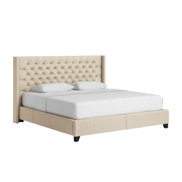 King Size Upholstered Wingback Bed with Linen Fabric, Tapered Legs, and Button Tufted Headboard