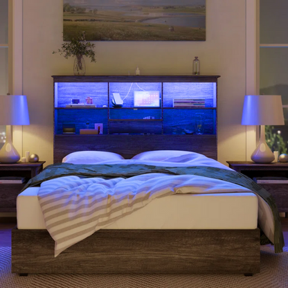 Innovative LED Bookcase Bed – Full/Double Size with Built-In Storage, Sleek Design, and LED Lighting for Modern Living