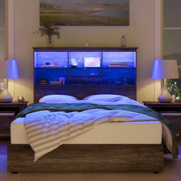 Innovative LED Bookcase Bed – Full/Double Size with Built-In Storage, Sleek Design, and LED Lighting for Modern Living