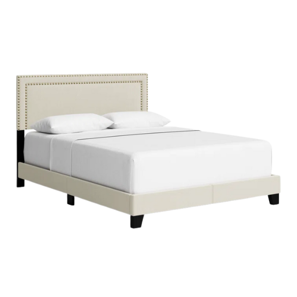 King Size Upholstered Storage Bed with Beige Linen Upholstery, Nailhead Trim, and Adjustable Bed Base Compatibility – Classic Design with Wooden Slats for Extra Support