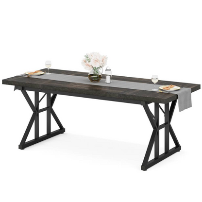 Farmhouse Dining Table for 6-8 People – Rectangular Wood Kitchen Table with X-Shaped Accents, Spacious & Multifunctional for Dining, Office, or Gathering