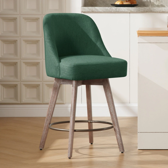 Modern Counter Height Swivel Bar Stool – Upholstered Faux Leather/Polyester Blend Seat, Solid Beech Wood Frame, Ergonomic High Back, Bronze Metal Footrest, 300lb Capacity for Kitchen, Bar, or Pub
