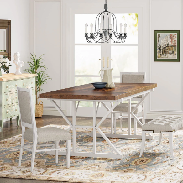 Farmhouse Dining Table for 6-8 People – Rectangular Wood Kitchen Table with X-Shaped Accents, Spacious & Multifunctional for Dining, Office, or Gathering