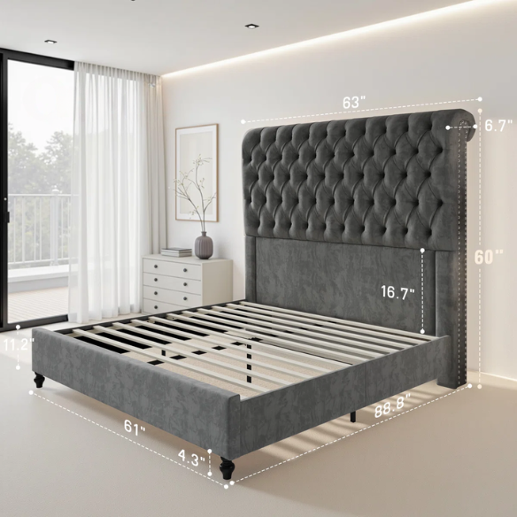 Luxurious Velvet Upholstered Sleigh Bed with Tufted Button and Gem-Accented Headboard