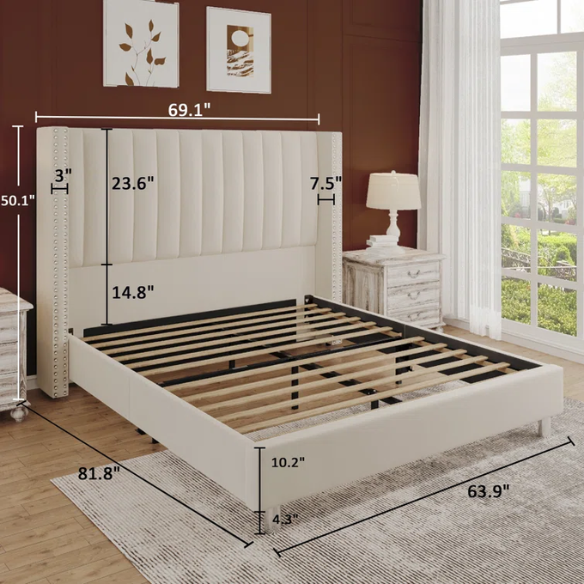 Velvet Upholstered Queen Size Platform Bed with Tufted Button Detail on Headboard