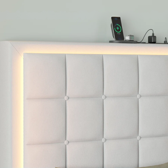 King Size Button-Tufted Platform Bed with LED Headboard, Built-in Charging Station, and Under-Bed Storage – Modern Convenience Meets Stylish Design