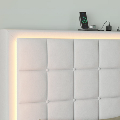 King Size Button-Tufted Platform Bed with LED Headboard, Built-in Charging Station, and Under-Bed Storage – Modern Convenience Meets Stylish Design